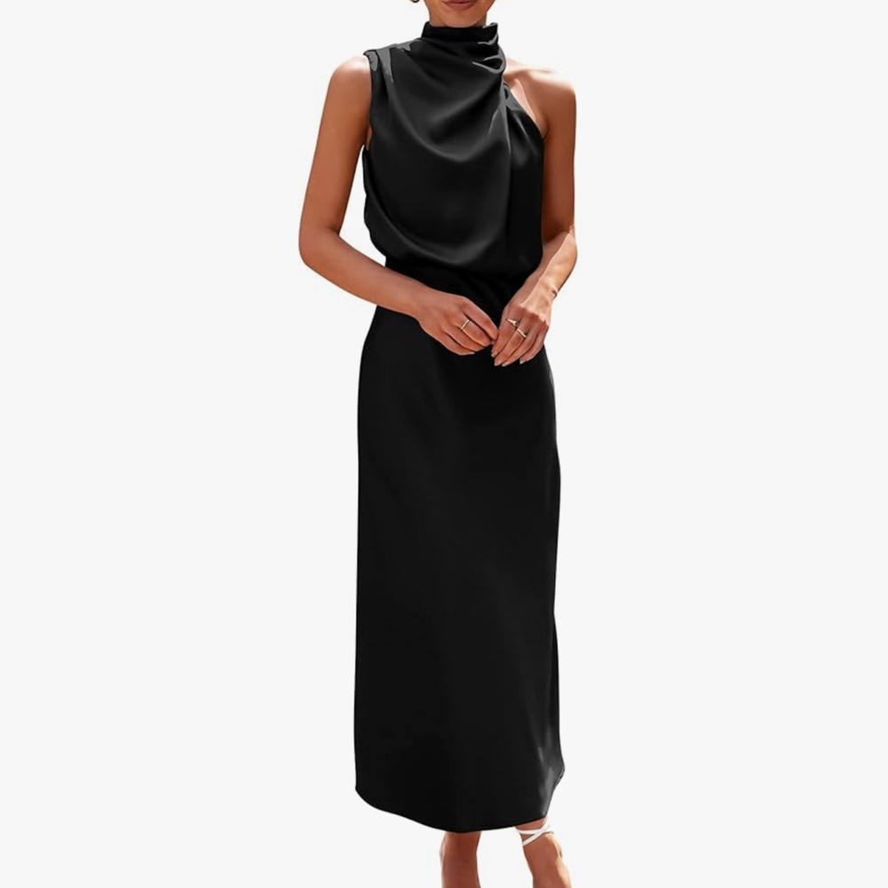 Sleeveless Satin Mock Neck Dress
